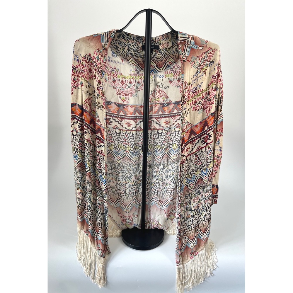 Women's Kimono Fringe Wrap Multicolor Size 8 Boho Tribal Indie Duster Shawl